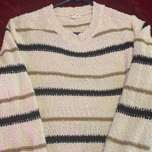 Elegant Beige and Black Striped V-Neck Sweater